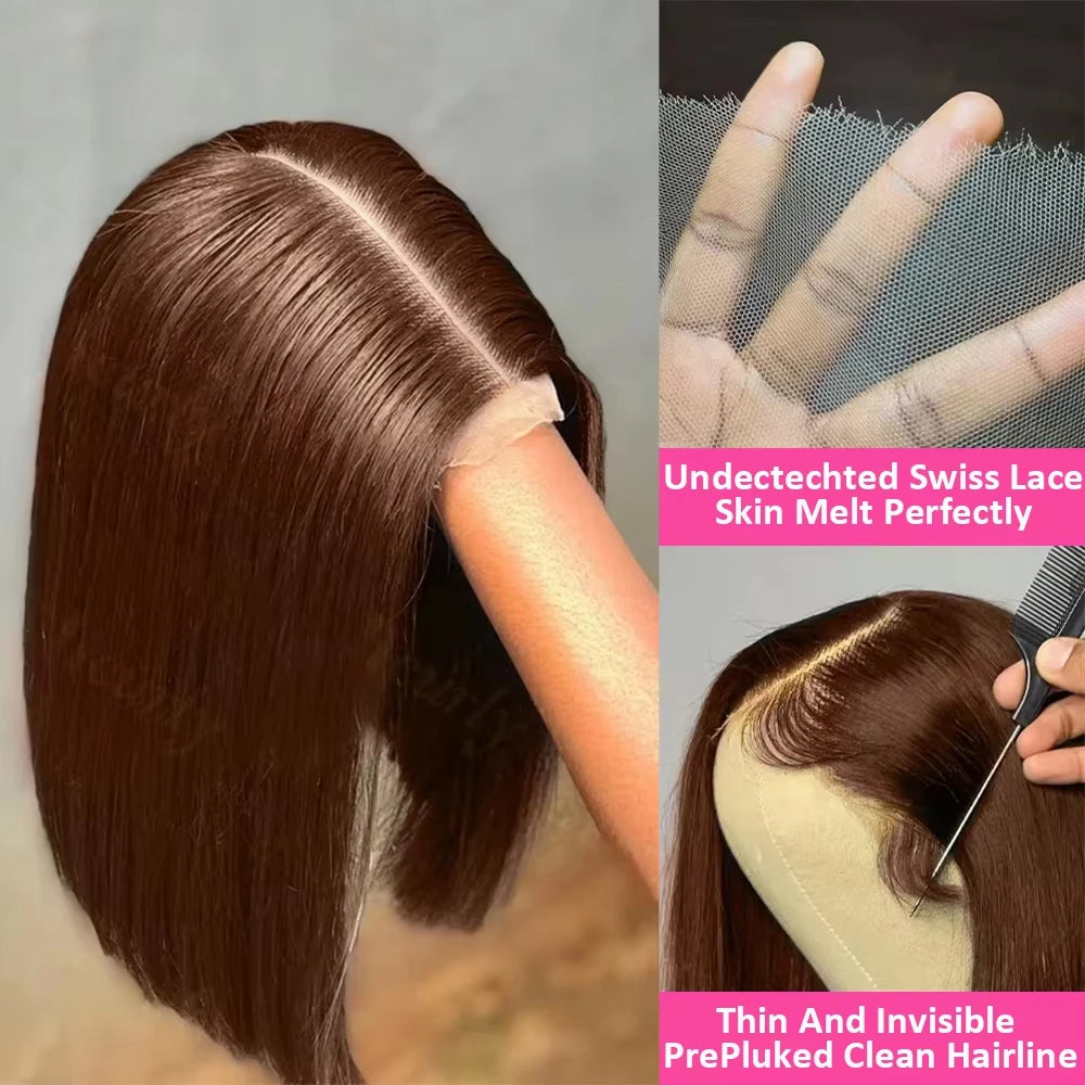 Brazilians Straight Bob 100% Human Hair Chocolate Brown Color 13x4 Full Lace Frontal Double Drawn Bob Wig with for Black Women