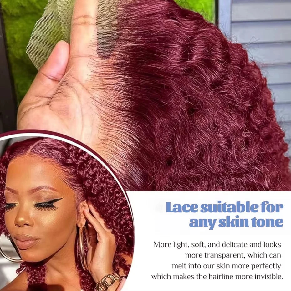 200% Density 99J Burgundy Deep Water Wave Curly Bob 13x4 Lace Frontal Wig Transparent Lace Front Wigs Human Hair 12 14 Inch