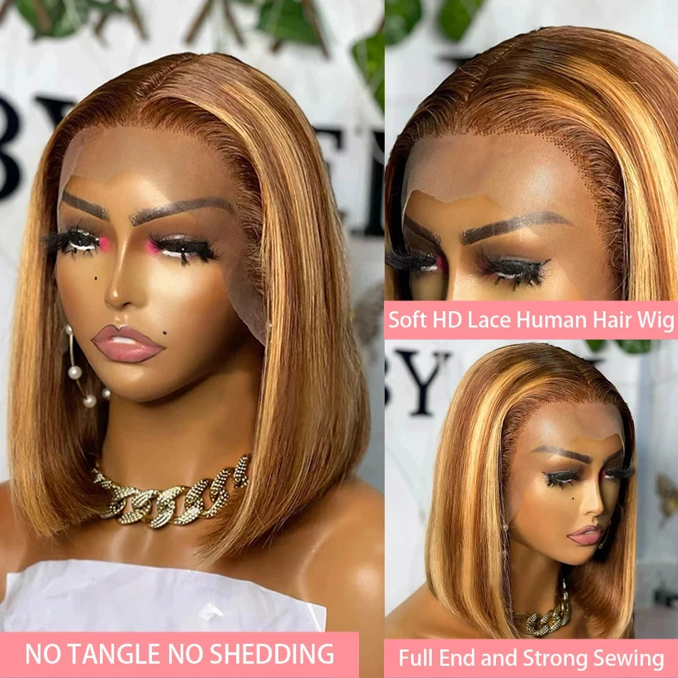 180% Density Short Bob Wigs Highlight Straight Lace Front Wigs Blonde 13x4 HD Lace Front Wig 100% Virgin Human Hair #4/27 Color