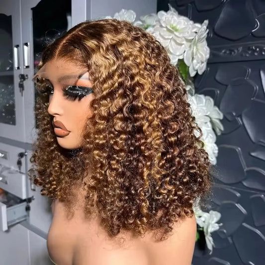 Highlight 4/27 Water Wave Bob Wig 13x4 Lace Frontal Bob Wigs Human Hair Brown Blonde  Deep Wave Bob Wig Remy Hair For Women