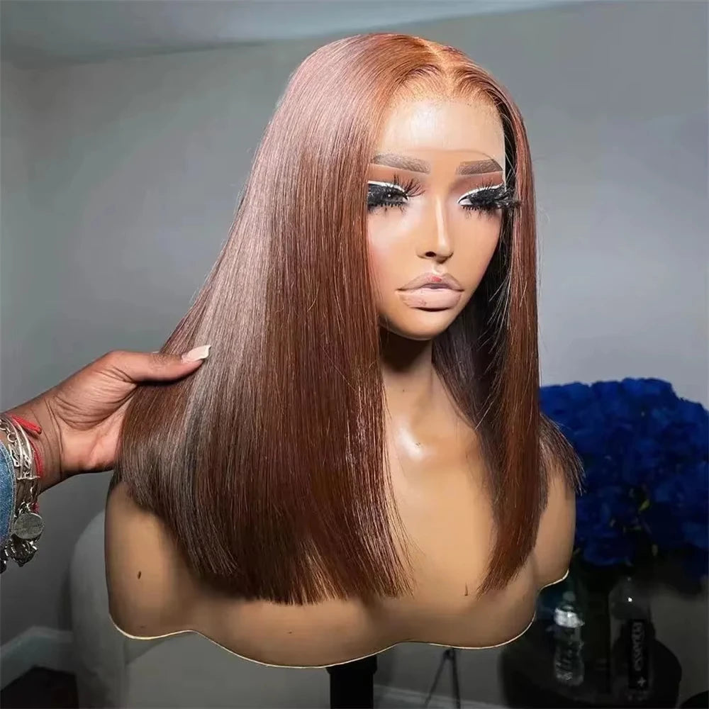 Brazilians Straight Bob 100% Human Hair Chocolate Brown Color 13x4 Full Lace Frontal Double Drawn Bob Wig with for Black Women