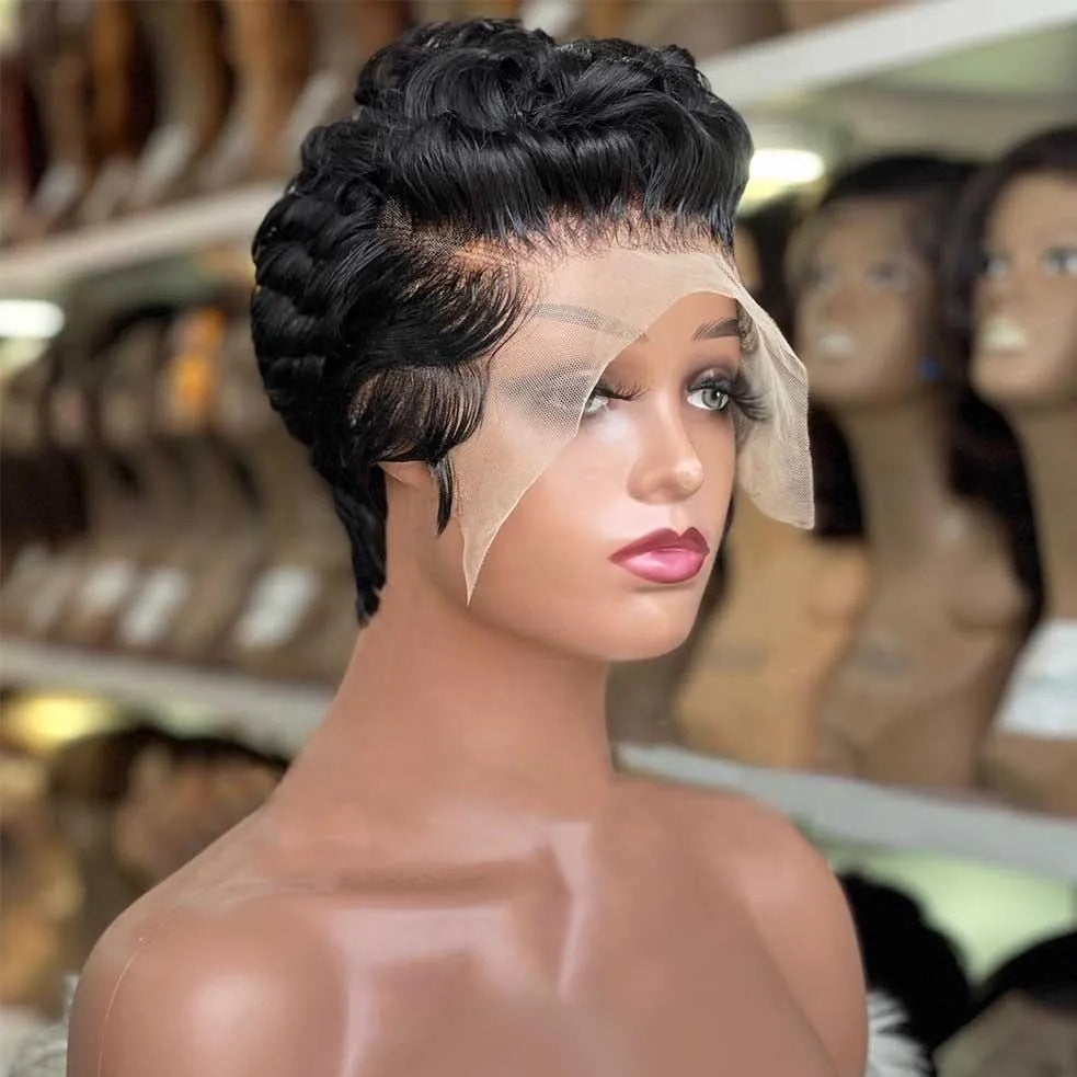 13x4 Lace Front Virgin Brazilian Human Hair Wigs for Black Women Perruque Pixie Cut Short Curly Bob Wigs