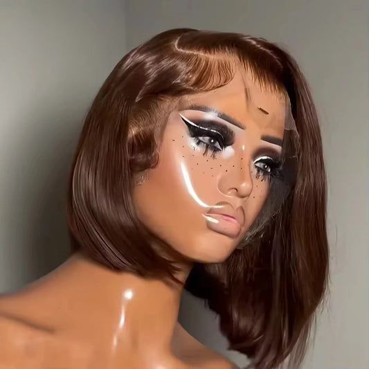 200% Density Brown Straight Short Bob Wig 13x4 HD Lace Frontal Wigs 100% Human Hair Preplucked for Black Woman #4 Color 14 16 in