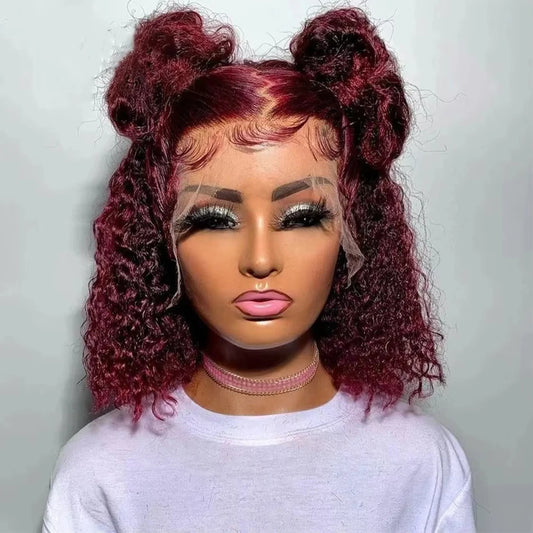 200% Density 99J Burgundy Deep Water Wave Curly Bob 13x4 Lace Frontal Wig Transparent Lace Front Wigs  Human Hair 12 14 Inch