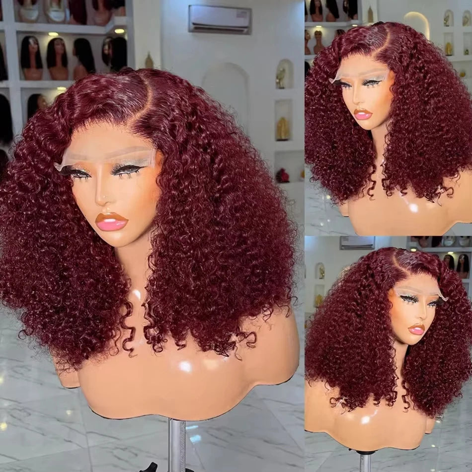 200% Density 99J Burgundy Deep Water Wave Curly Bob 13x4 Lace Frontal Wig Transparent Lace Front Wigs  Human Hair 12 14 Inch