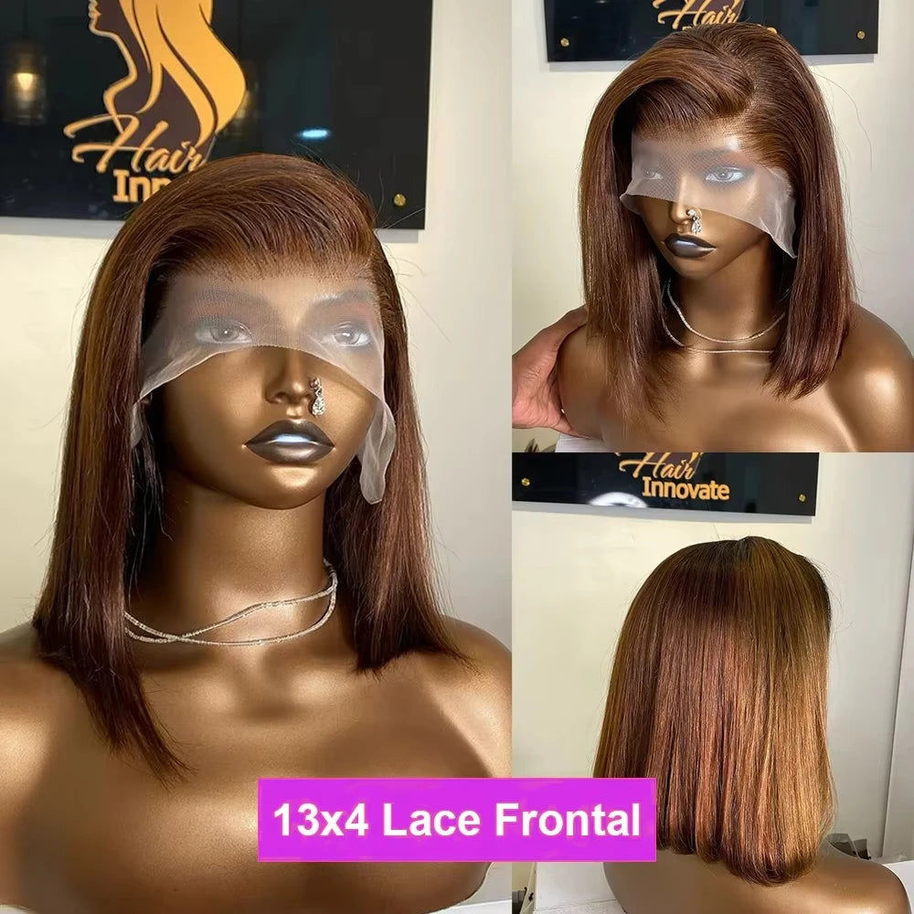200% Density Brown Straight Short Bob Wig 13x4 HD Lace Frontal Wigs 100% Human Hair Preplucked for Black Woman #4 Color 14 16 in