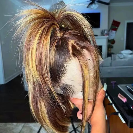 180% Density Short Bob Wigs Highlight Straight Lace Front Wigs Blonde 13x4 HD Lace Front Wig 100% Virgin Human Hair #4/27 Color