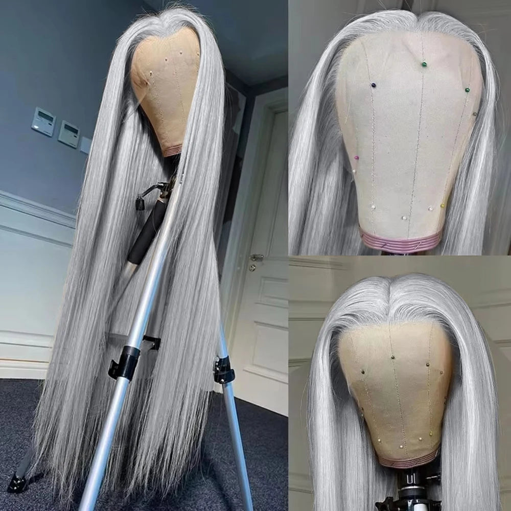 Silver Grey Colored Straight Lace Front Human Hair Wigs HD Transparent 13x4 13x6 Lace Frontal Wigs For Women Pre Plucked